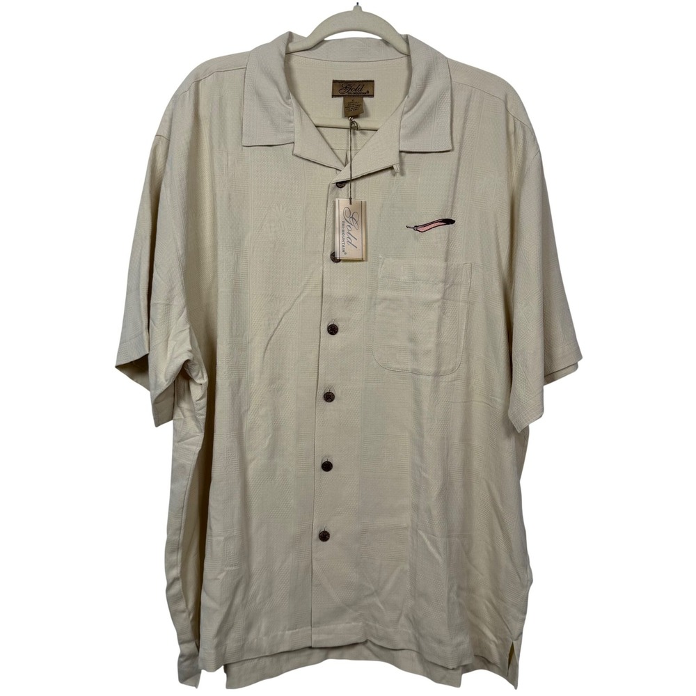 NWT Men XL Silk Beige Short Sleeve Button Up Shirt Coastal Resort Beach Airy‎